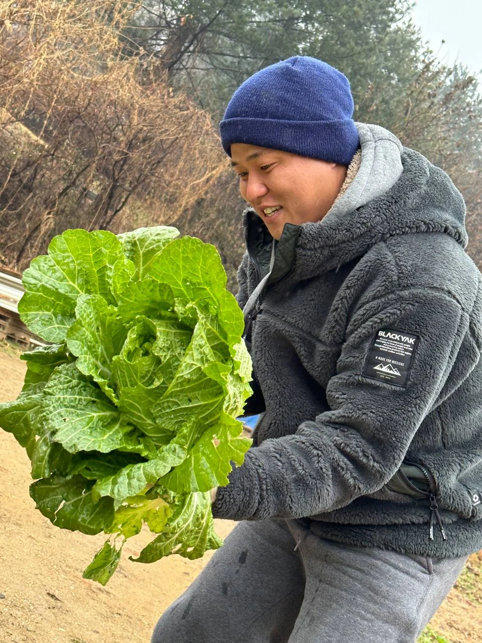 밭에서 수확한 채소를 들고 있는 사람